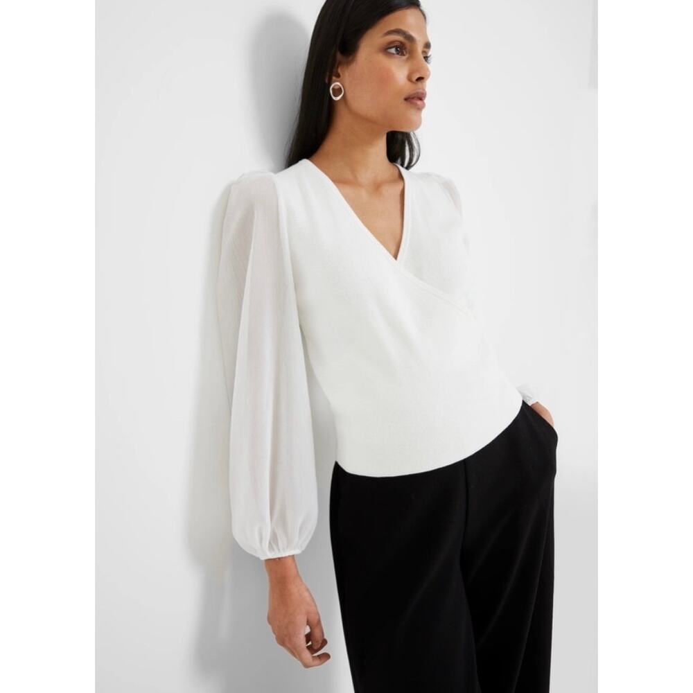 French Connection Mozart Melody White Wrap Sweater Small Sheer Balloon Sleeve